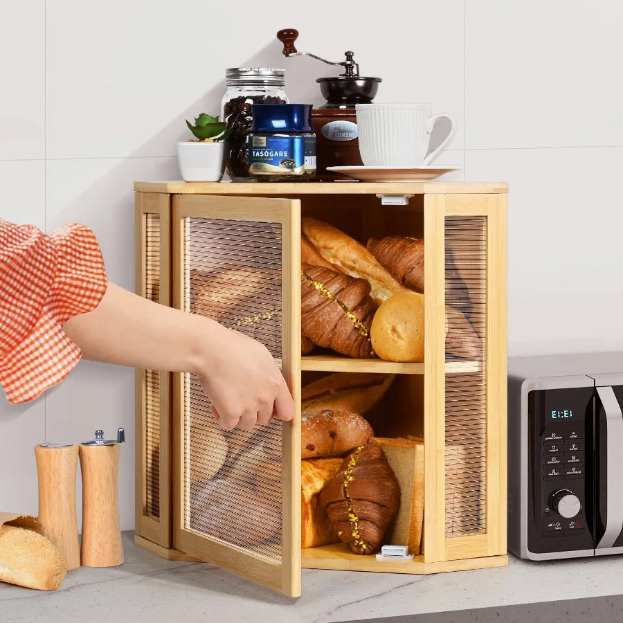 Hign-concerned Bamboo Bread Box 2 Tier Adjustable Height