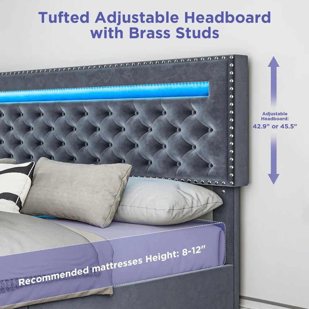 BedsPick Queen Size Bed Frame with LED Lights, Velvet Upholstered Platform Queen Bed Frame with 4 Storage Drawers and Adjustable