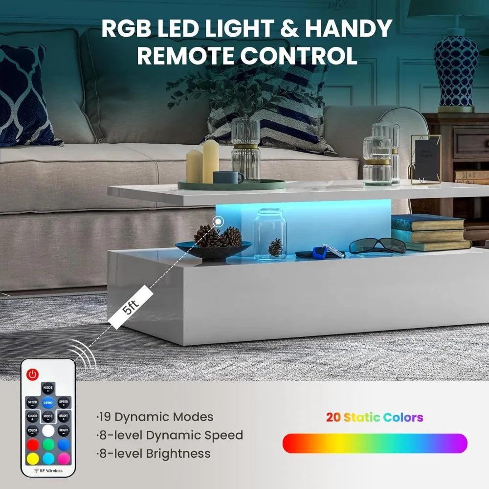 LED Coffee Table Modern High Gloss Coffee Table with 20 Color LED Lights Adjustable Speed and Brightness Remote Control Open Shelf