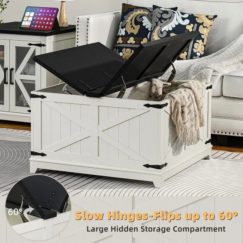 Farmhouse Coffee Table Set 3 Pieces Large End Side Tables with Charging Station and Hidden Storage Compartments
