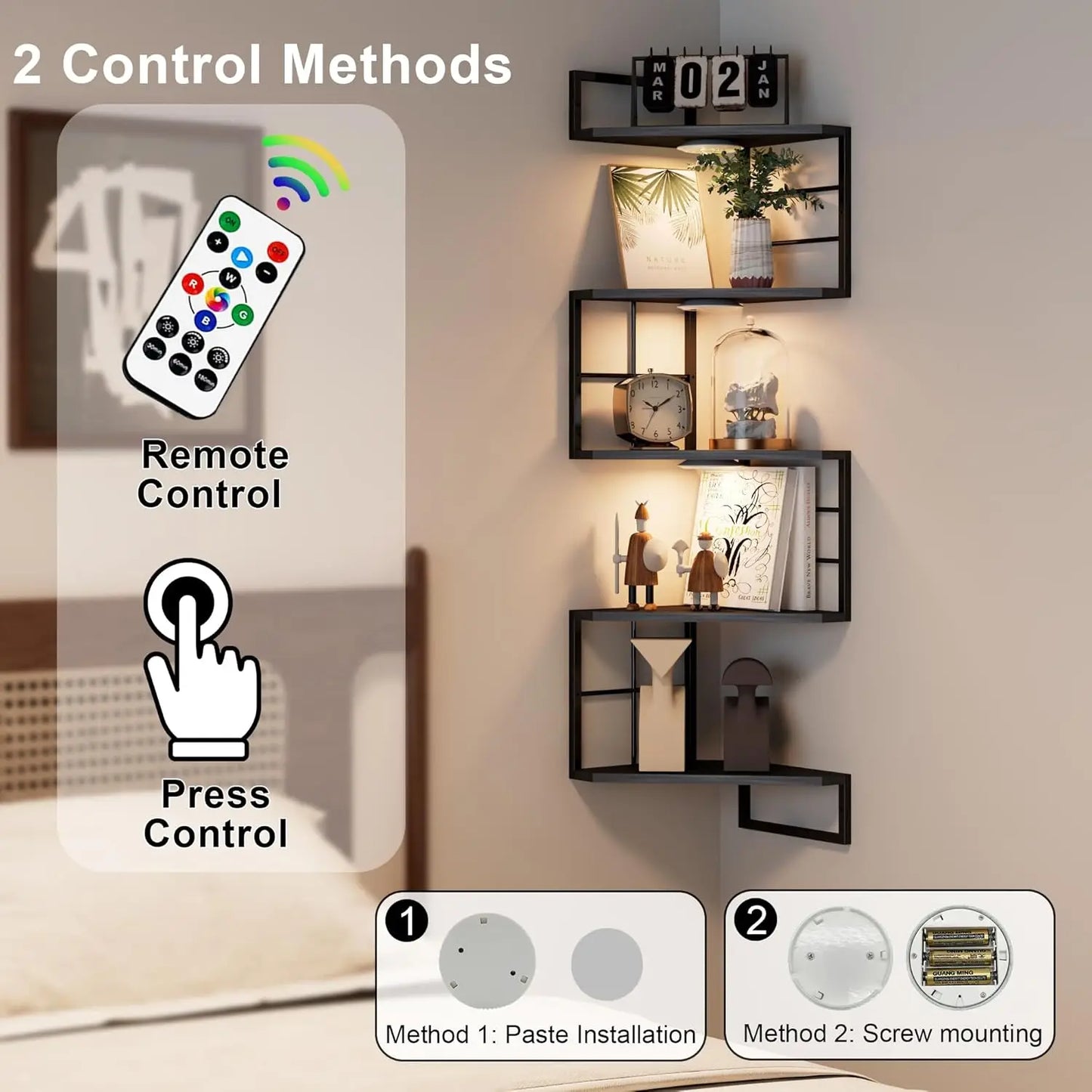 Floating Corner Shelves with Light - 5 Tier Metal Corner Shelf Wall Mounted for Bedroom Living Room Office Kitchen