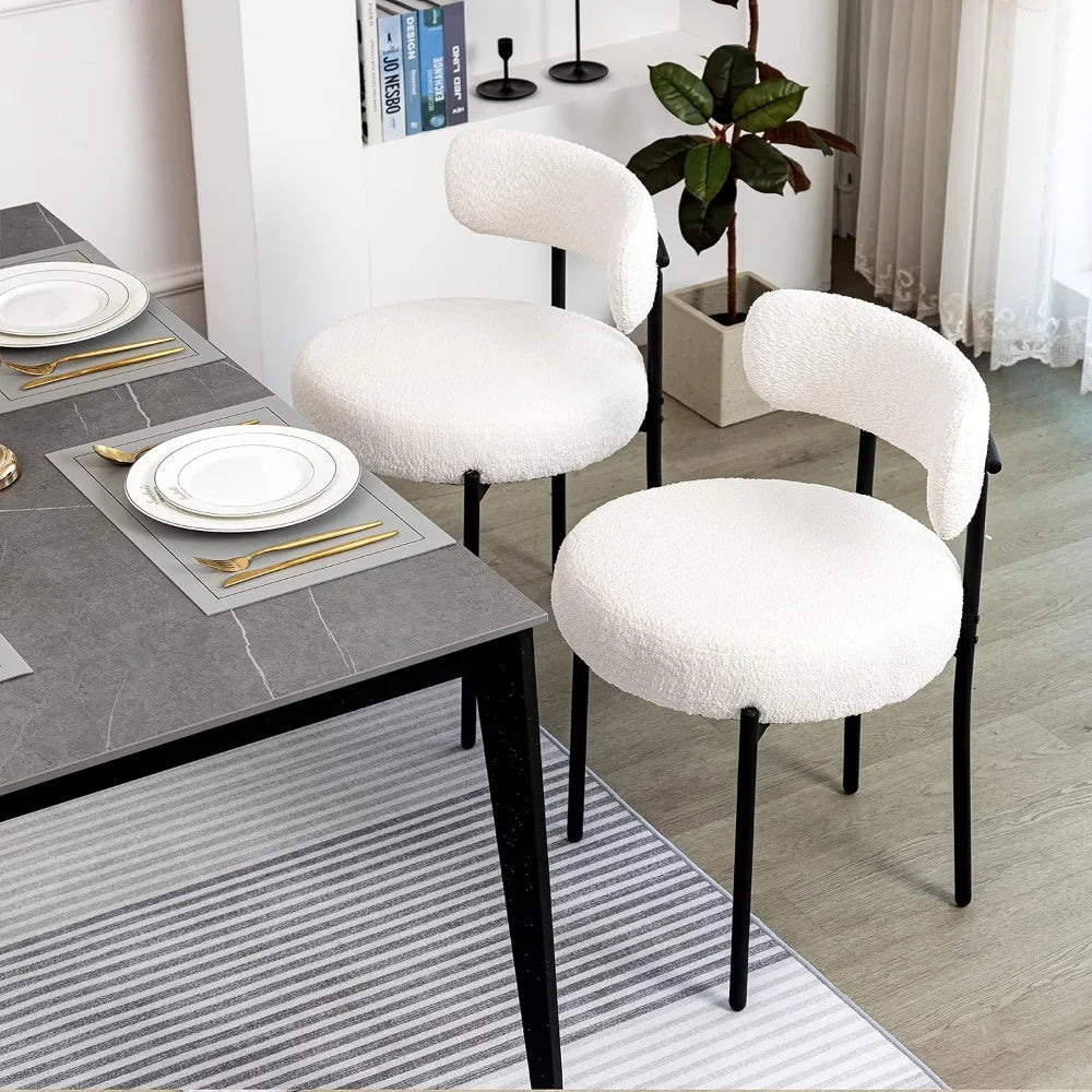 Dining Chairs Set of 6 White Boucle Upholstered Chairs with Curved Backrest and Black Metal Legs