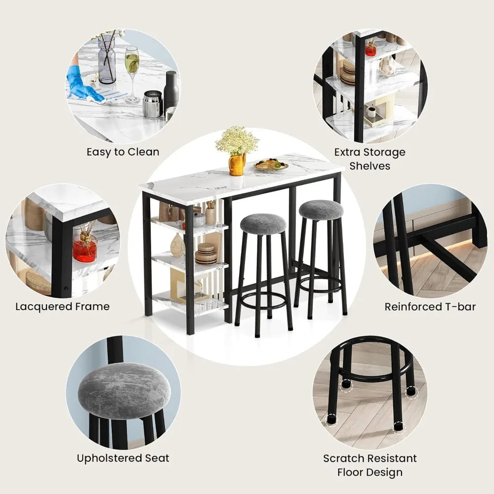 Bar Table Set with Storage Shelves, 47" Modern White Faux Marble Breakfast Table with 2 Velvet Stools, 3-Piece Dining Set for 2