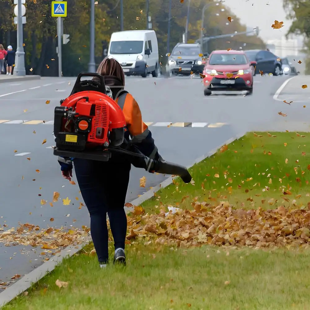 Backpack Leaf Blower 63CC Gas Powered 665CFM 2 Stroke Snow Blower Long Pipe 1.7L Fuel Tank