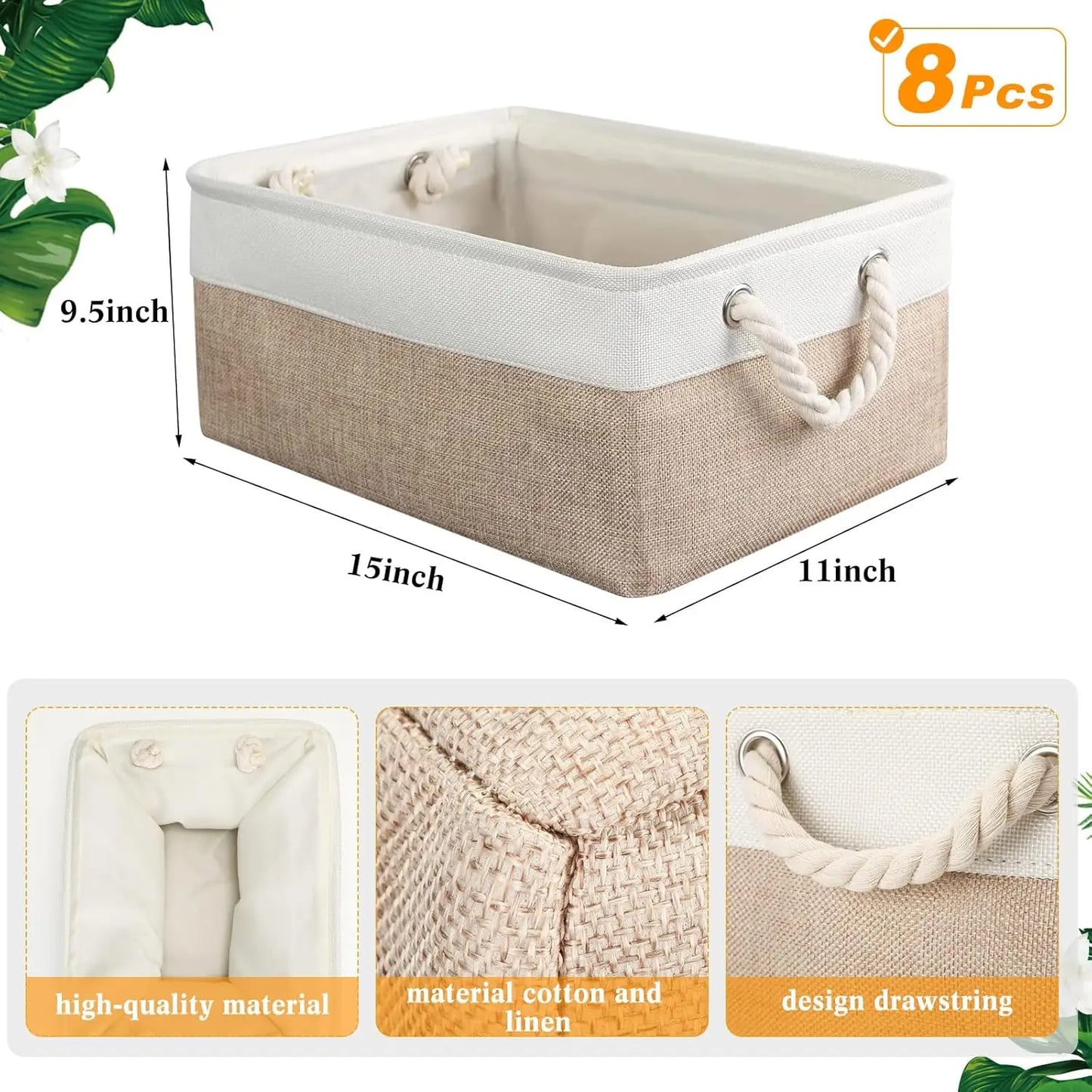 8 Pack Collapsible Fabric Storage Bins Polyester Baskets With Handles Linen Closet Organizer For Home Shelf Beige