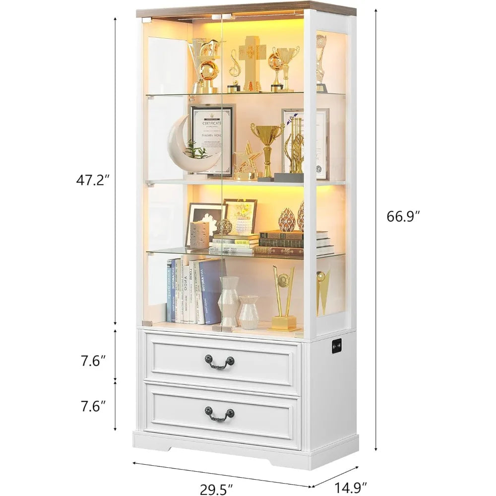 Display Cabinet with Glass Doors 67 Inch Adjustable Display Shelf 2 Drawers and 4 Tier Curio Cabinet Tall Bookcase with 3 Color Options