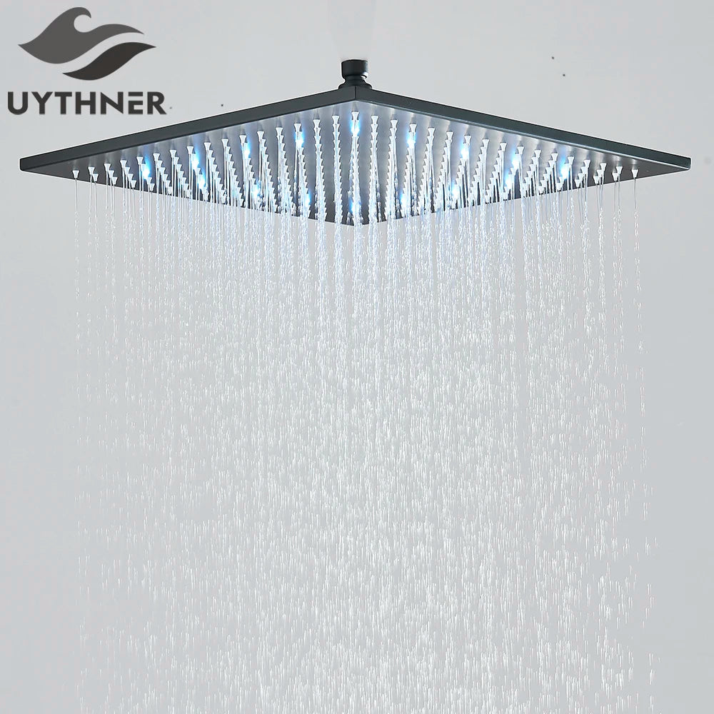 Brushed Nickel LED 16" Rainfall Big Shower Head Stainless Steel Square Color Changing Lights Shower head Shower Sprayer