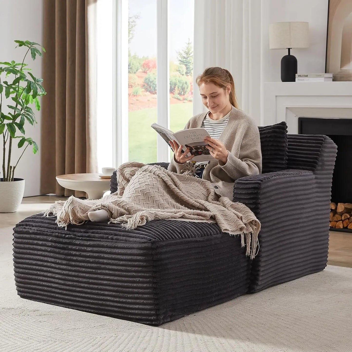 Chaise Lounge Chair Indoor, Upholstered Corduroy Single Lounge Sofa Couch, Comfy Reading Recliner Sleeper Sofa Chair Bed with A