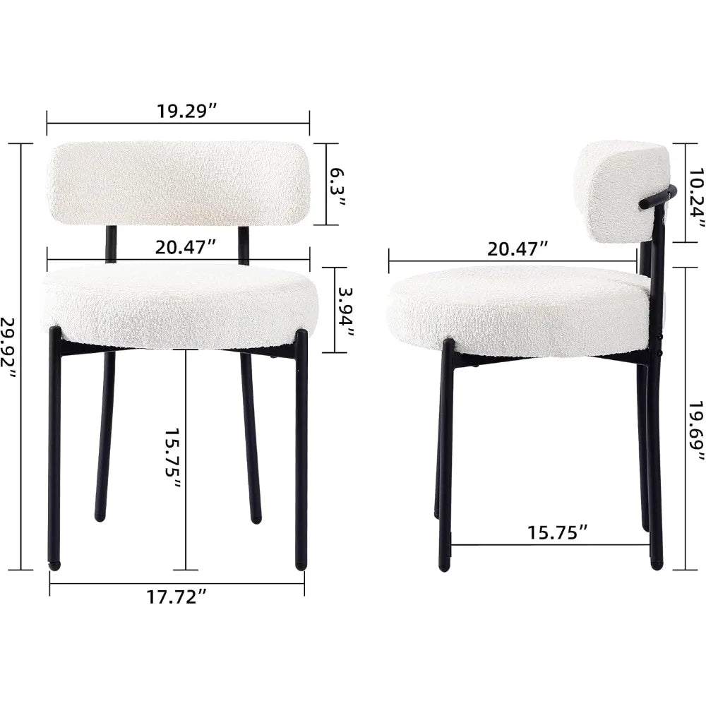 Dining Chairs Set of 6 White Boucle Upholstered Chairs with Curved Backrest and Black Metal Legs
