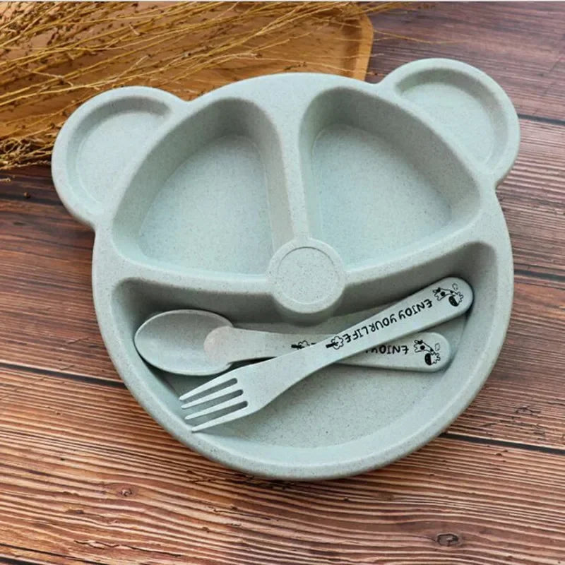 3 Piece Set Wheat Straw Tableware Cartoon Bear Kids Dinnerware Set Baby Plates Forks and Spoons
