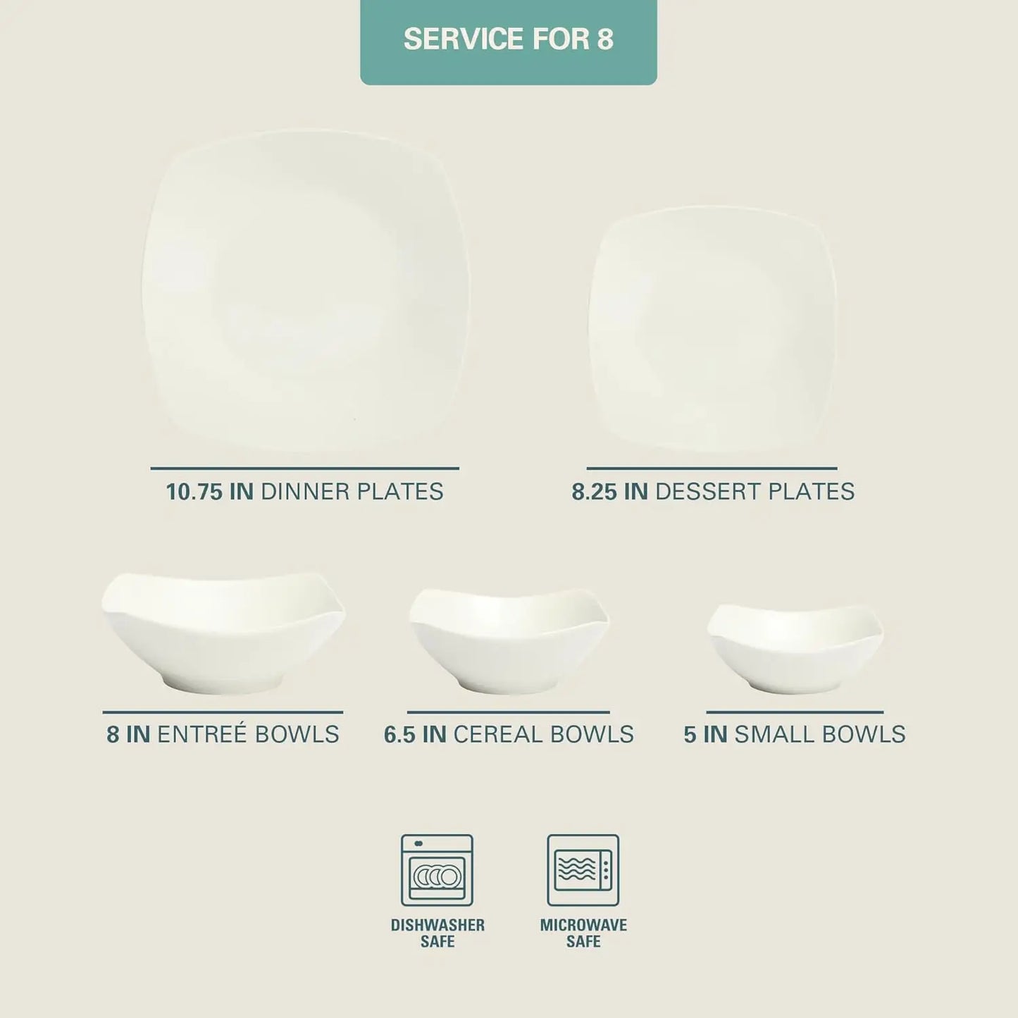 Brentwood 40-Piece Dinnerware Set - Square White Porcelain Plates and Bowls, Service for 8, Dishwasher & Microwave Safe, Modern