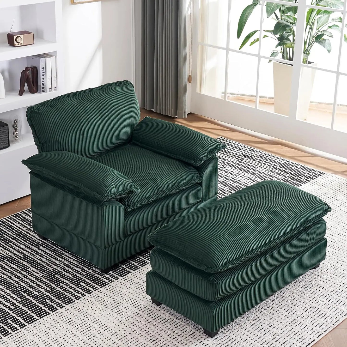 ZHUXIANG Corduroy Upholstered Chaise Lounge With Ottoman