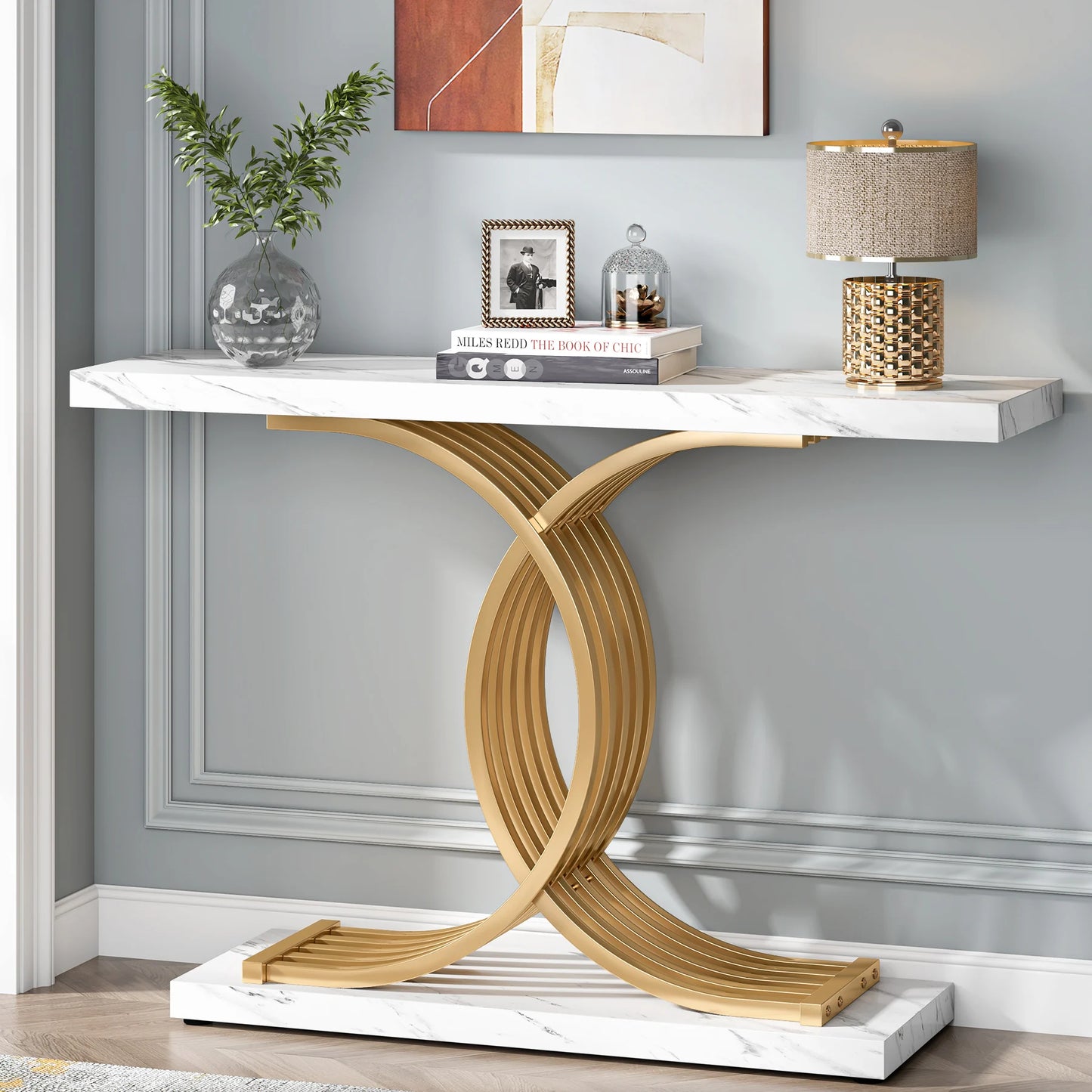 Tribesigns Gold Entryway Table Modern 39 Inch Console Faux Marble Narrow Wood Sofa with Geometric Metal Legs