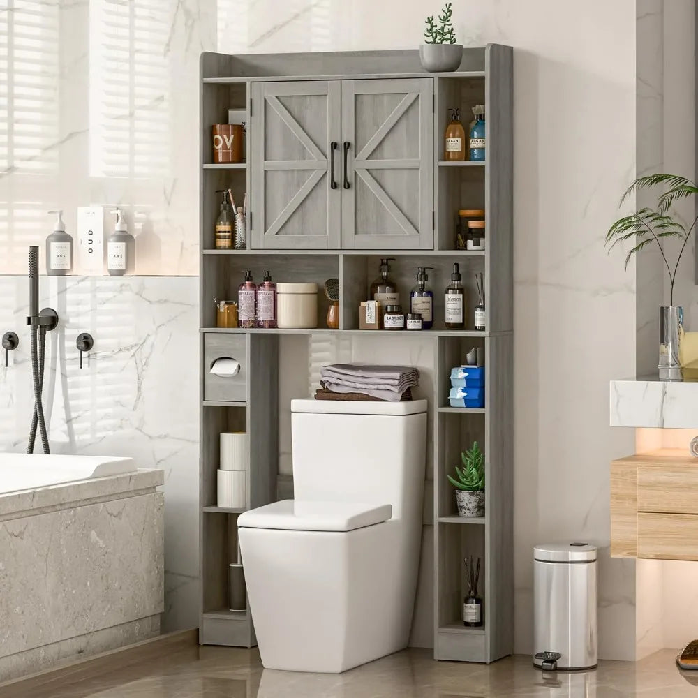Farmhouse Storage Cabinet Over Toilet with Barn Doors Space-Saving Toilet Rack