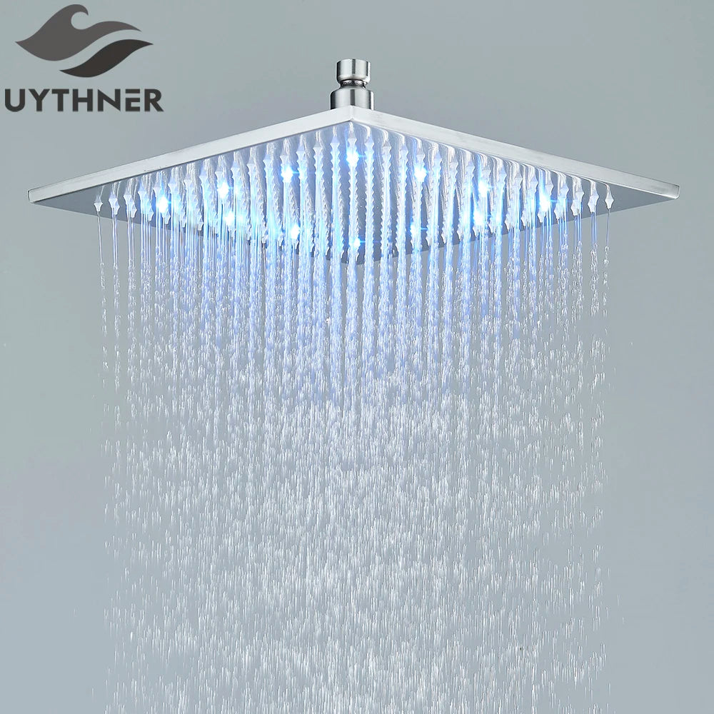 Brushed Nickel LED 16" Rainfall Big Shower Head Stainless Steel Square Color Changing Lights Shower head Shower Sprayer