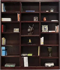 Traditional 84 Inch Tall 18 Shelf Triple Wide Wood Bookcase in Dry Oak