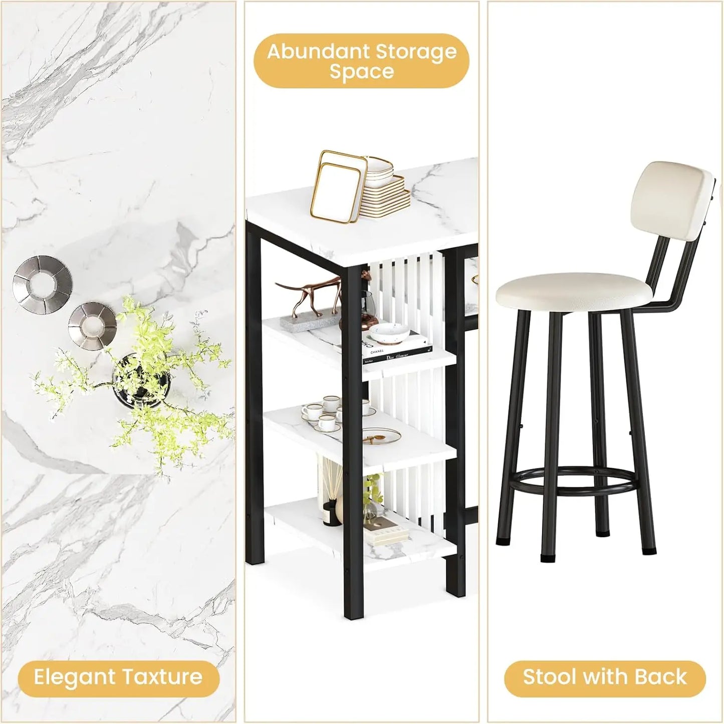 3 Piece Bar Table and Chairs Set Modern White Faux Marble Table with 2 PU Cushion Bar Stools and 3 Tier Storage Shelves Black Frame