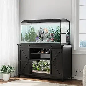 Farmhouse 55 to 75 Gallon Fish Tank Stand with Power Outlet Storage Cabinet and Sliding Barn Door Heavy Duty
