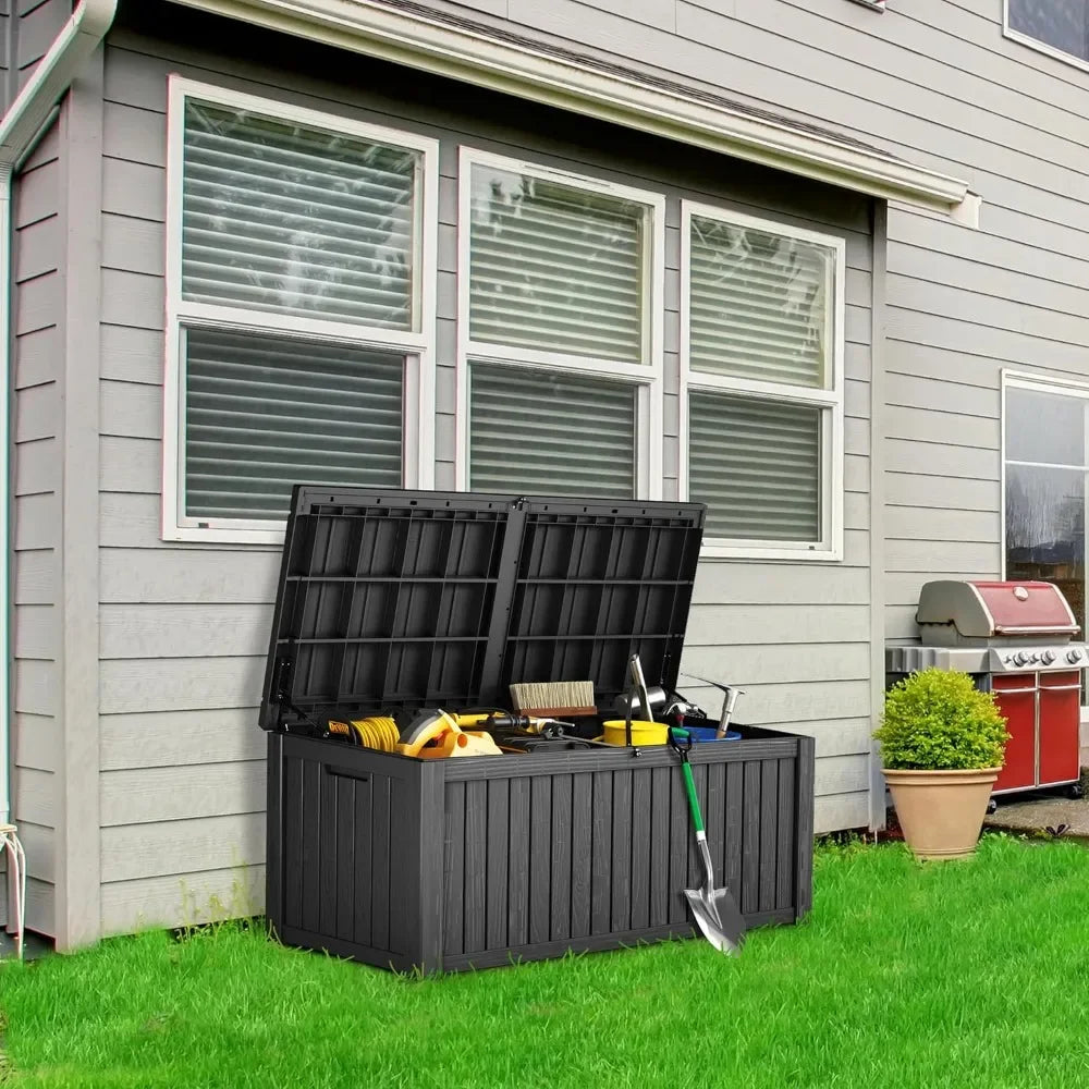150 Gallon Lockable Resin Deck Box Waterproof and UV Resistant Outdoor Storage Box for Cushion Storage Black