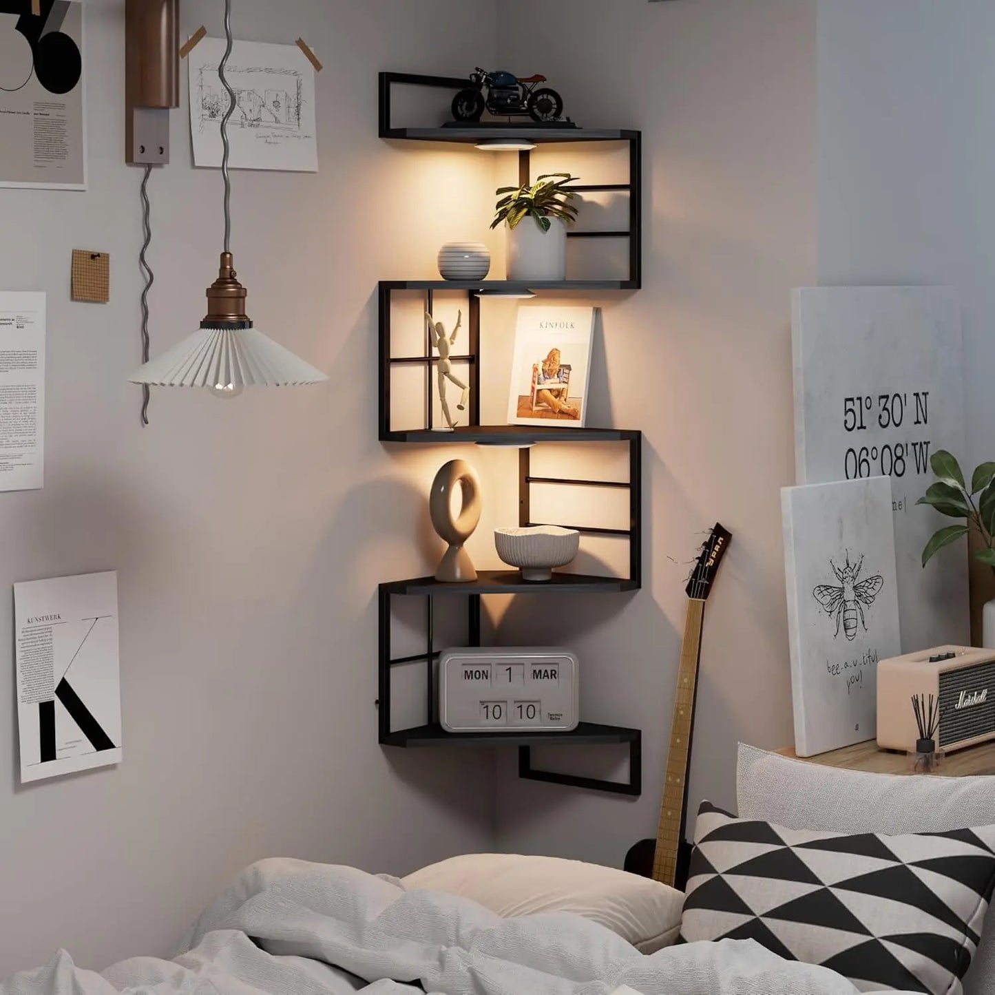 Floating Corner Shelves with Light - 5 Tier Metal Corner Shelf Wall Mounted for Bedroom Living Room Office Kitchen
