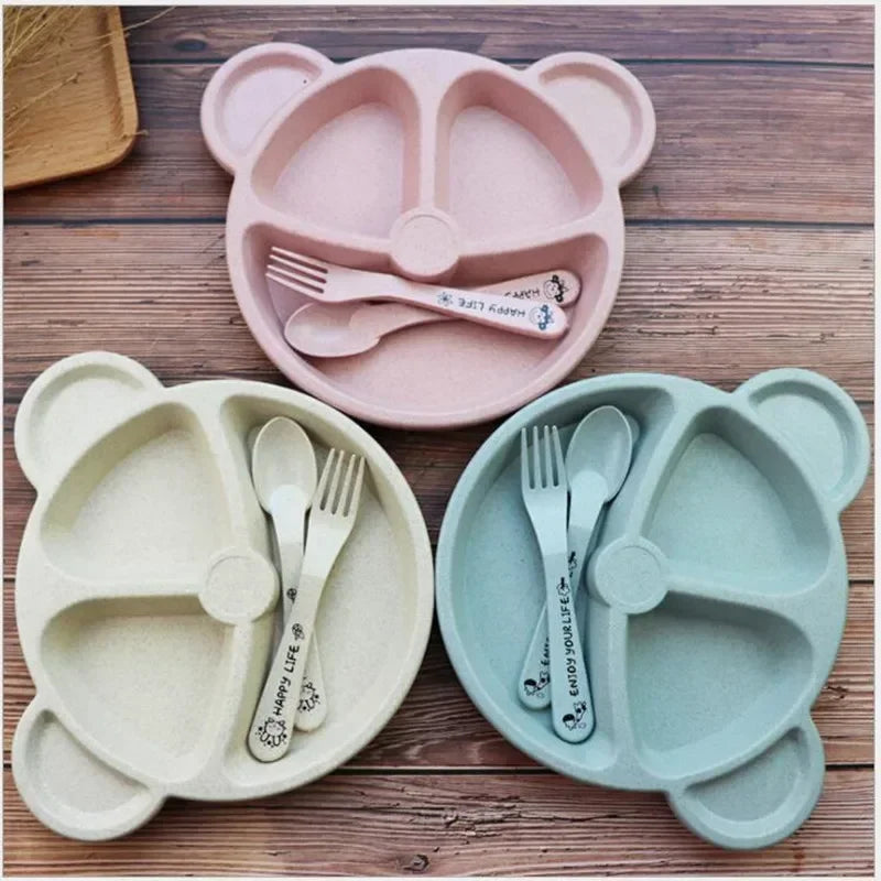 3 Piece Set Wheat Straw Tableware Cartoon Bear Kids Dinnerware Set Baby Plates Forks and Spoons