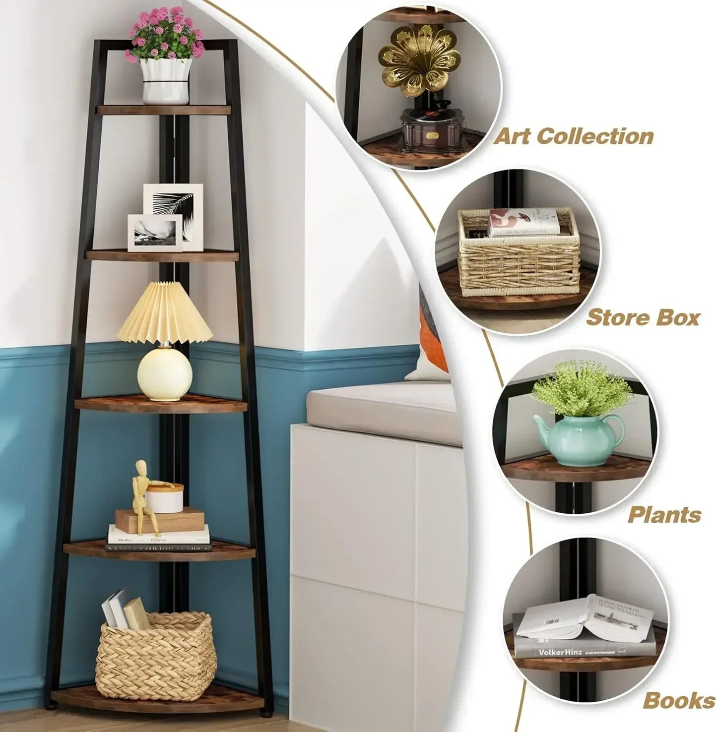 5 Tier Corner Bookshelf and Bookcase, 70 inch Tall Corner Shelves Standing Shelving Unit Indoor Plant Stand for Living Room