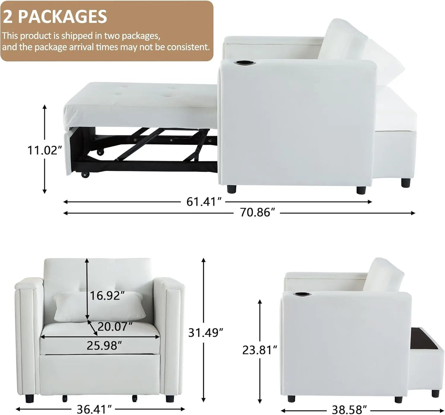 Velvet Convertible Chair Bed, 3 in 1 Multi-Functional Sleeper
