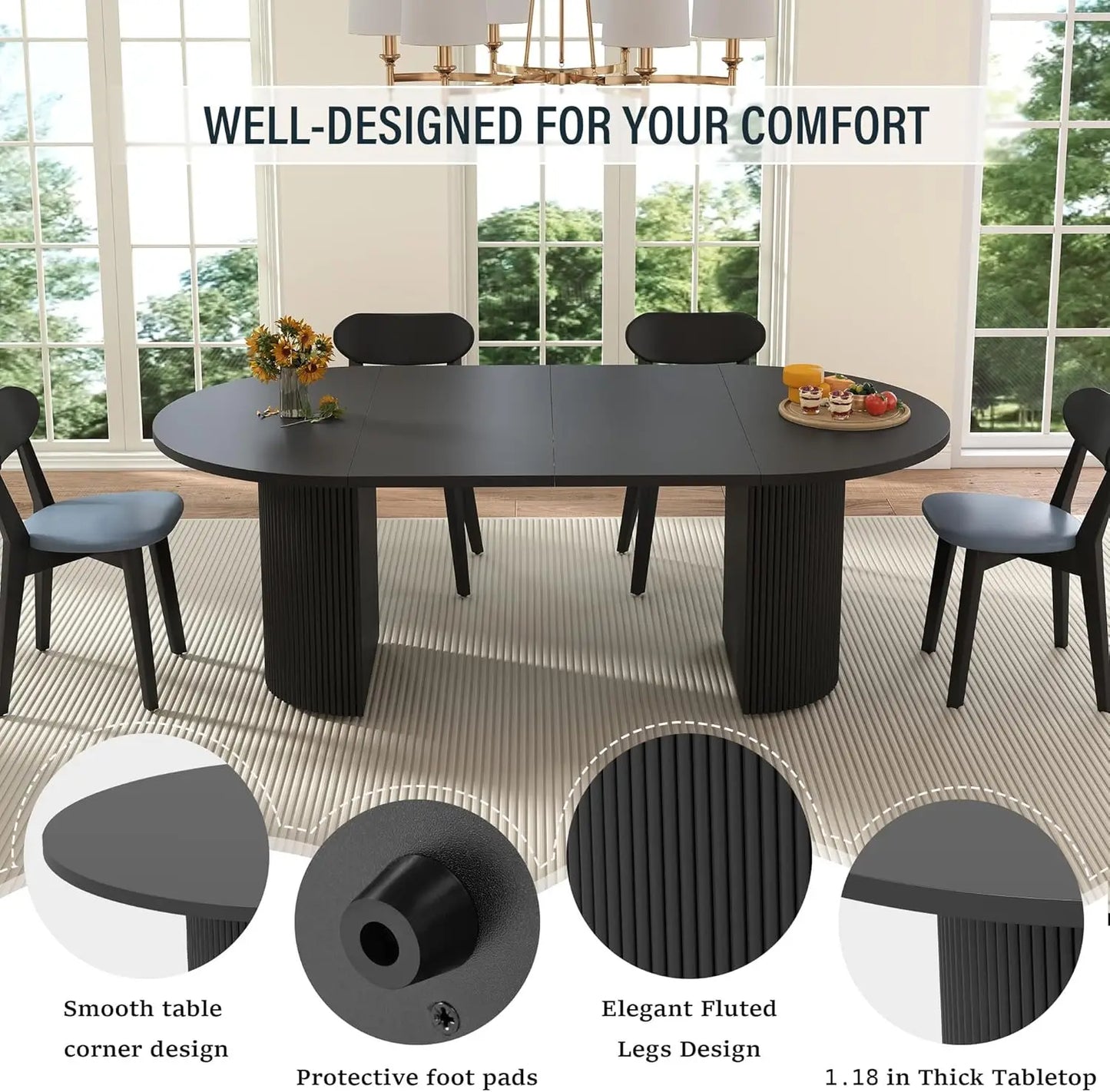 XMSJ Modern Extendable Dining Table For 4 To 8 Seats Round Oval Fluted Base For Dining Room