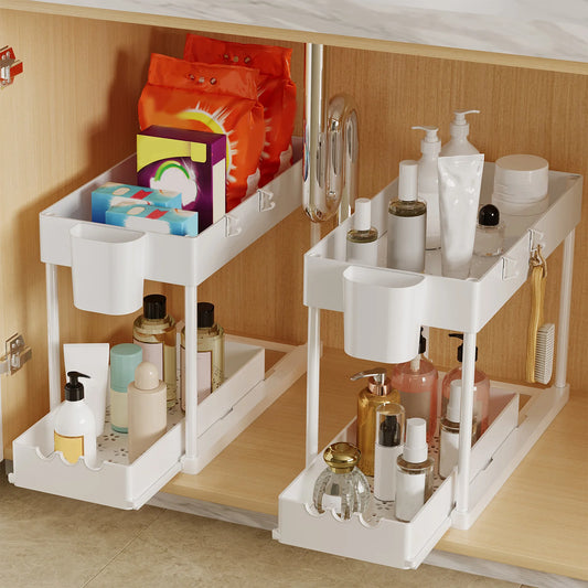 2Pcs 2-Tier Sliding Cabinet Organizer for Kitchen and Bathroom
