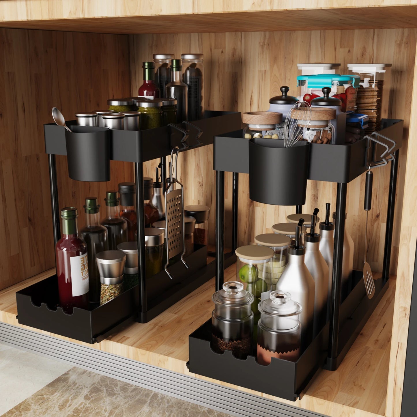 2Pcs 2-Tier Sliding Cabinet Organizer for Kitchen and Bathroom