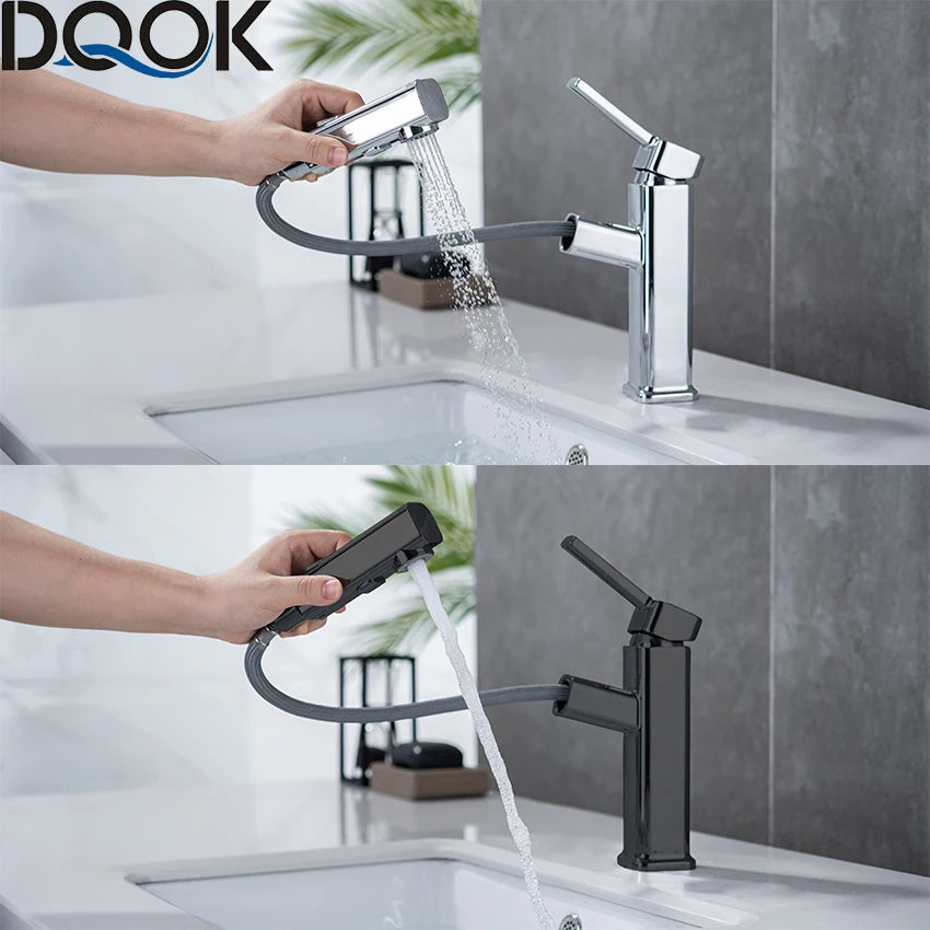 DQOK Pull Out Basin Faucet For Bathroom Chrome Brass Modern