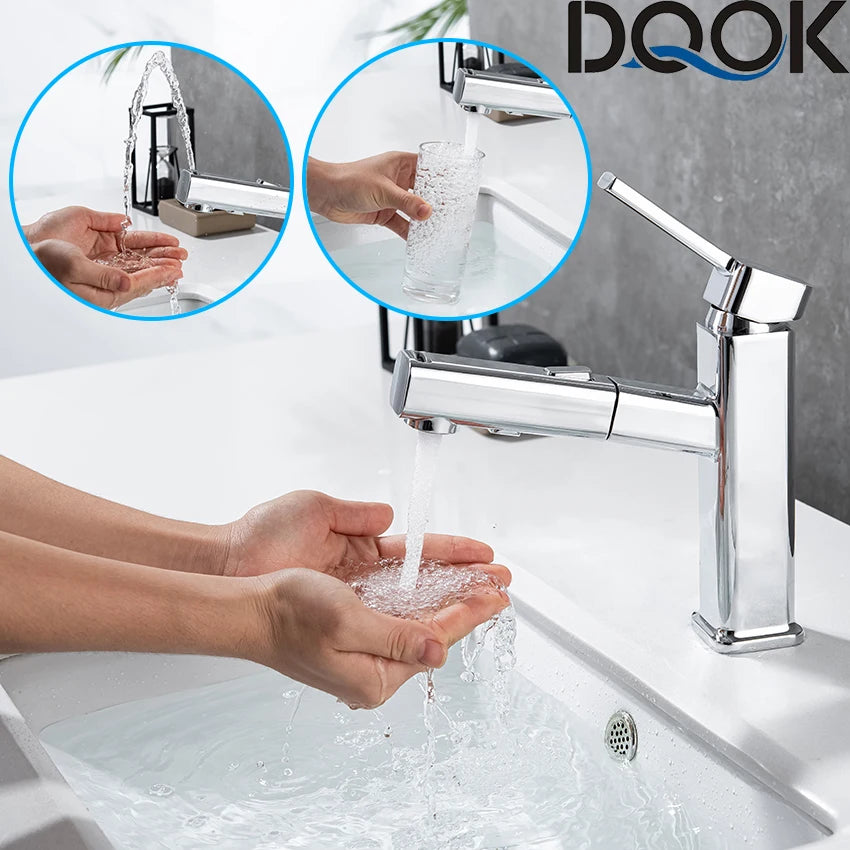 DQOK Pull Out Basin Faucet For Bathroom Chrome Brass Modern