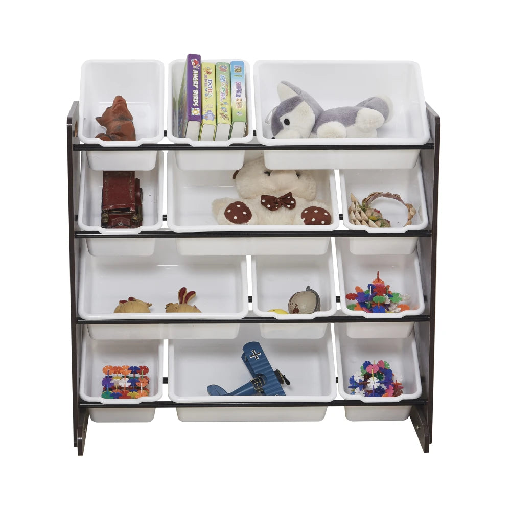 Kids Toy Storage Organizer with 12 Plastic Bins Espresso White
