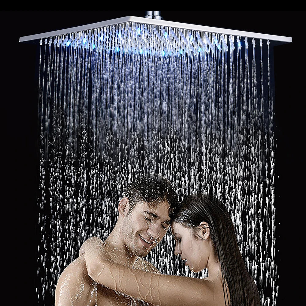 Brushed Nickel LED 16" Rainfall Big Shower Head Stainless Steel Square Color Changing Lights Shower head Shower Sprayer