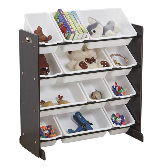 Kids Toy Storage Organizer with 12 Plastic Bins Espresso White