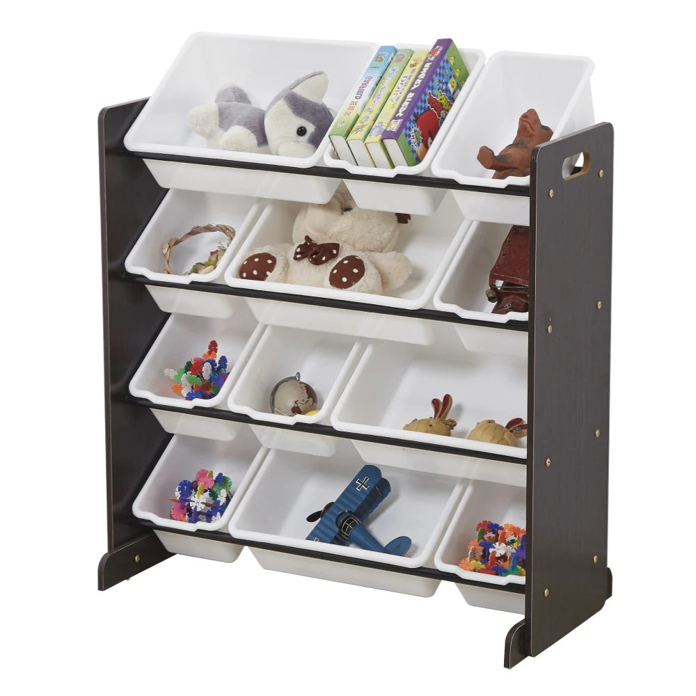 Kids Toy Storage Organizer with 12 Plastic Bins Espresso White