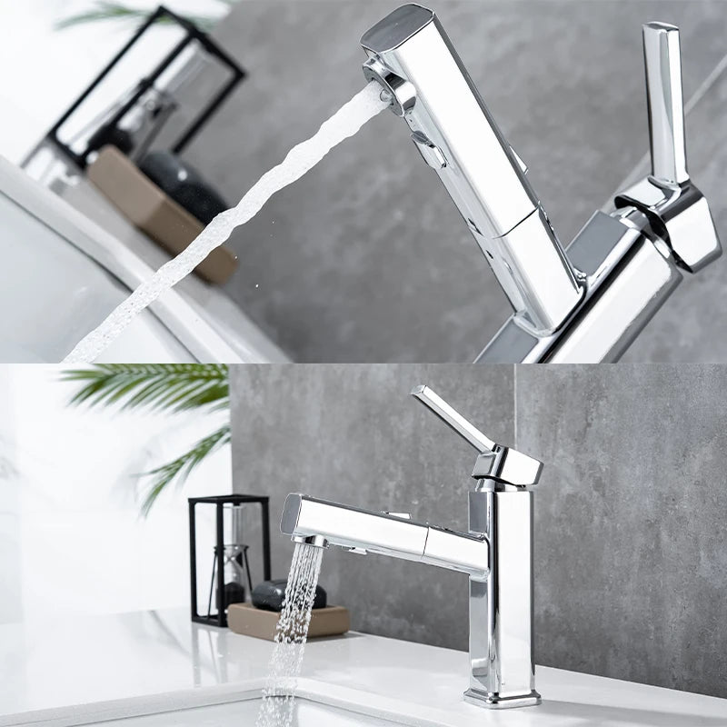 DQOK Pull Out Basin Faucet For Bathroom Chrome Brass Modern