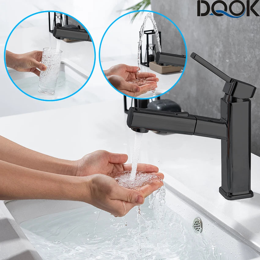 DQOK Pull Out Basin Faucet For Bathroom Chrome Brass Modern