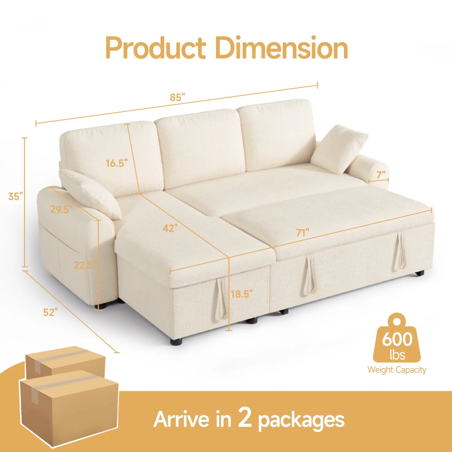 ONBRILLCN L Shaped Sleeper Sofa Pull Out Bed With Storage