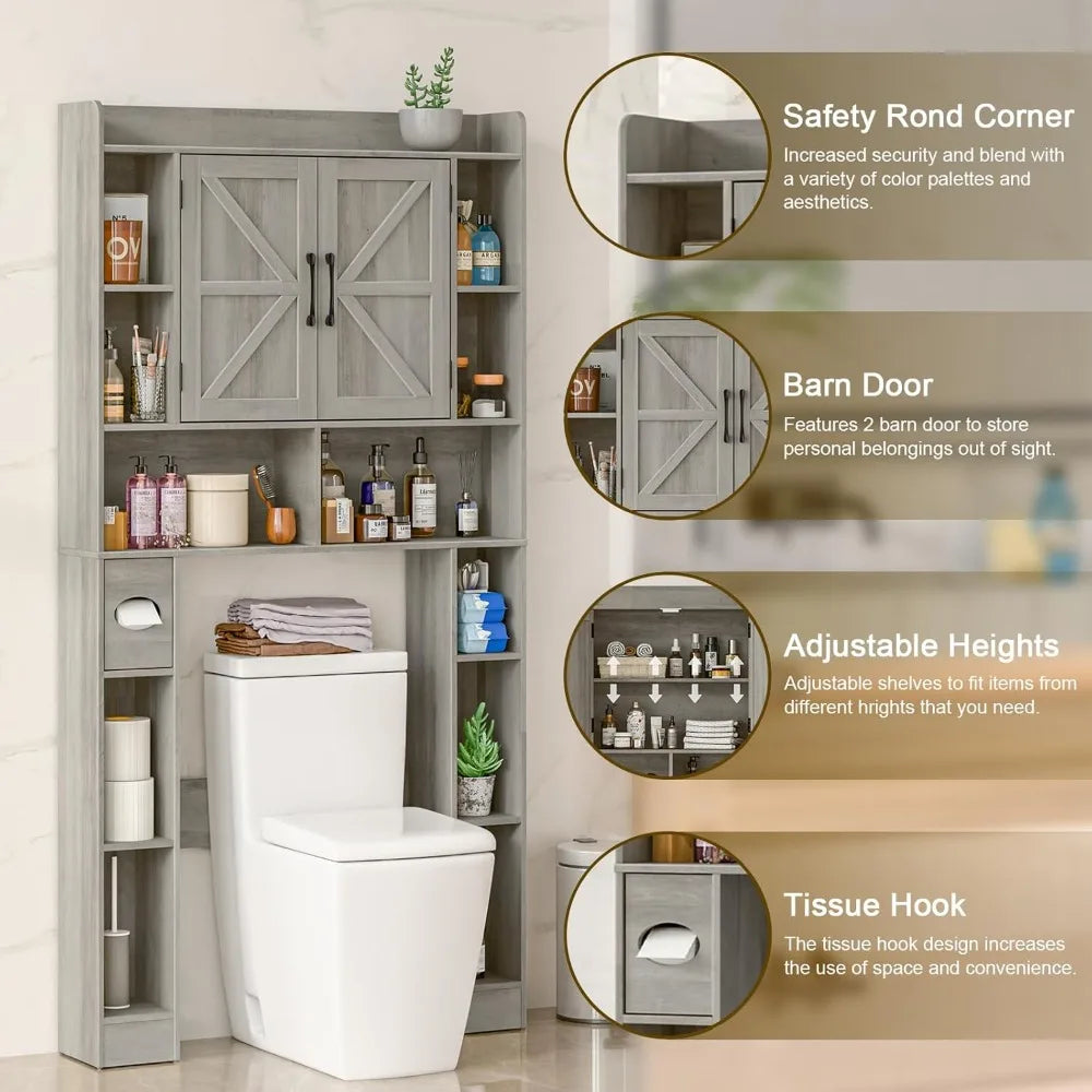 Farmhouse Storage Cabinet Over Toilet with Barn Doors Space-Saving Toilet Rack