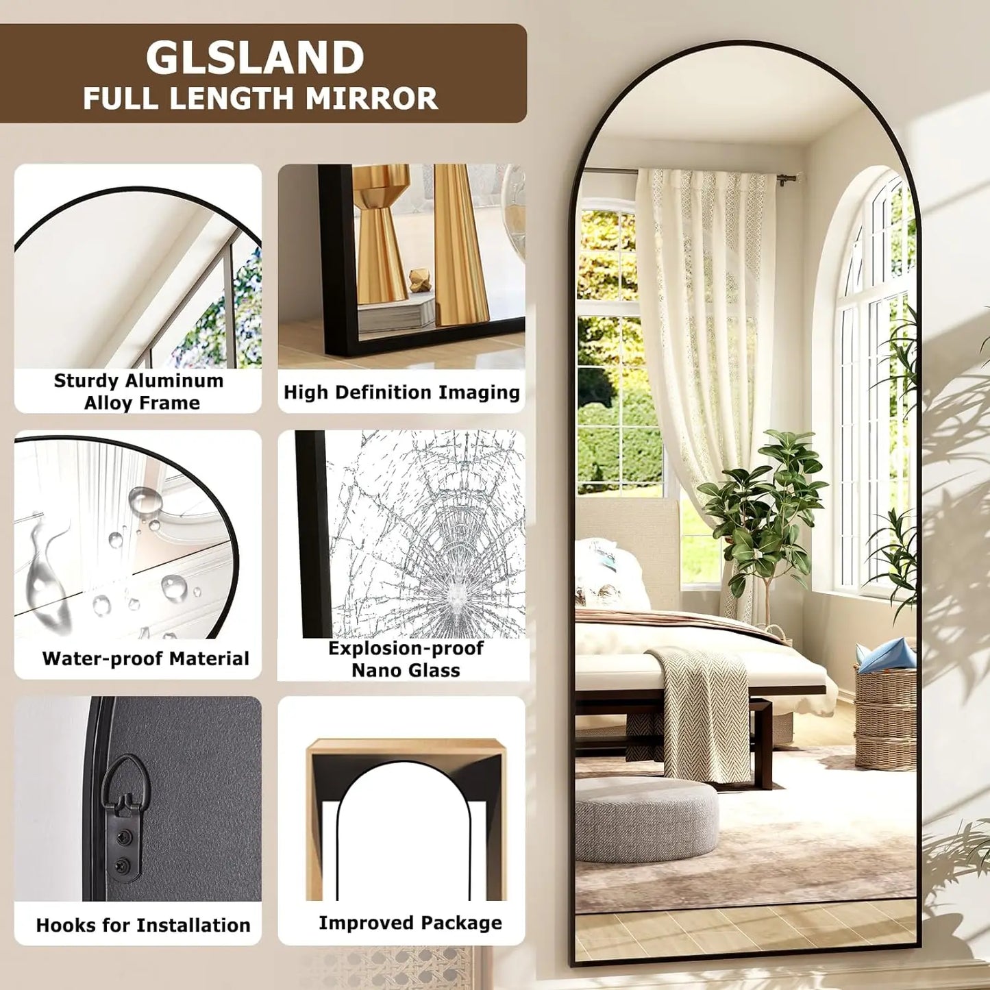 21x64 Inch Arched Full Length Mirror Aluminum Alloy Frame High Definition Full Body Mirror for Bedroom or Living Room