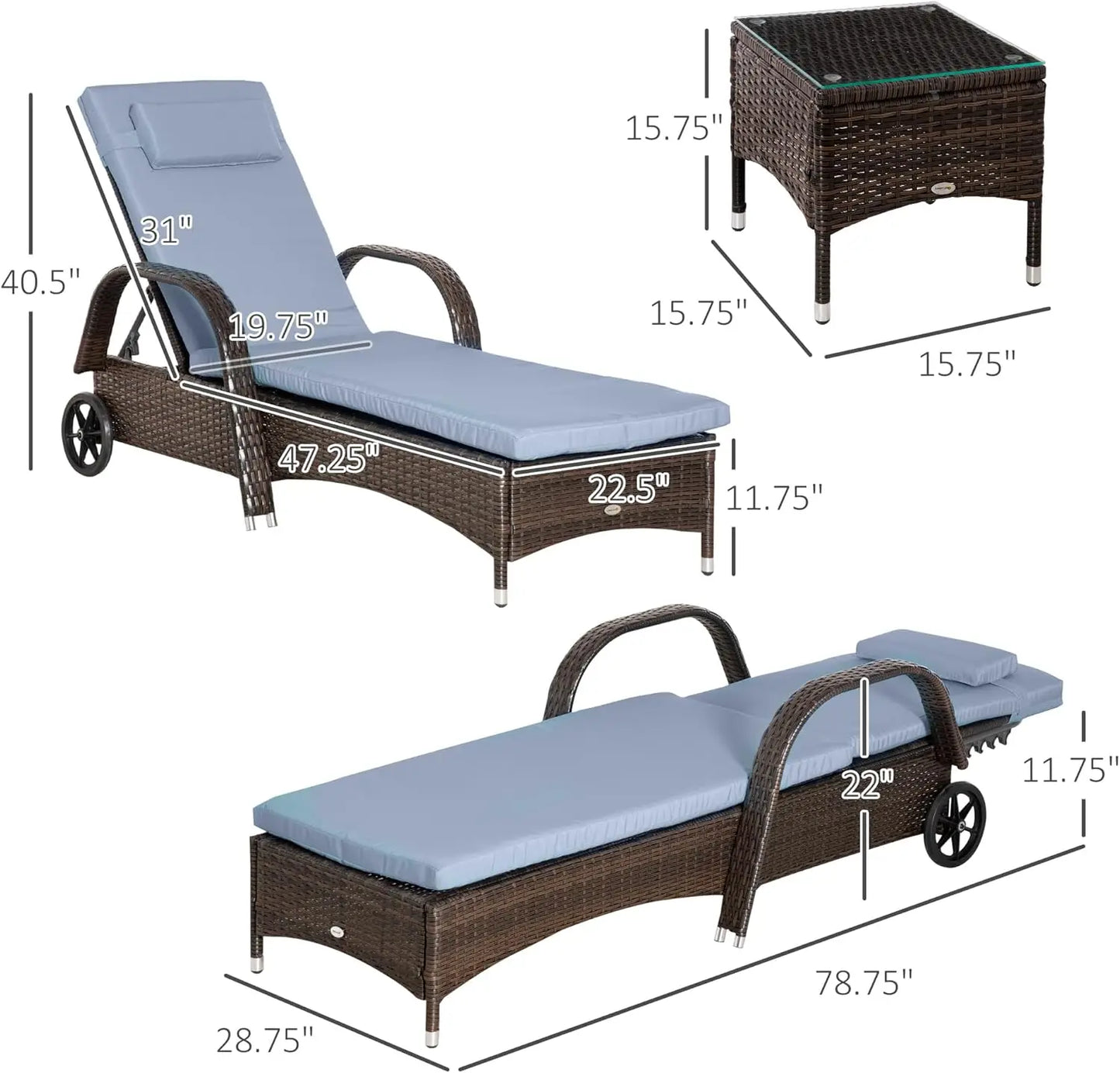 Wicker Outdoor Chaise Lounge Chair Set of 3 with Side Table 5-Level Adjustable Backrest PE Rattan Pool Lounge Chair with Wheels Cushion and Headrest Brown and Gray