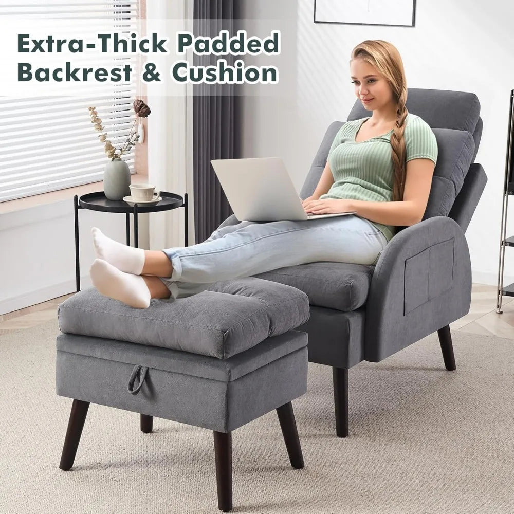 ZHUXIANG Velvet Accent Chair With Ottoman And Adjustable Backrest