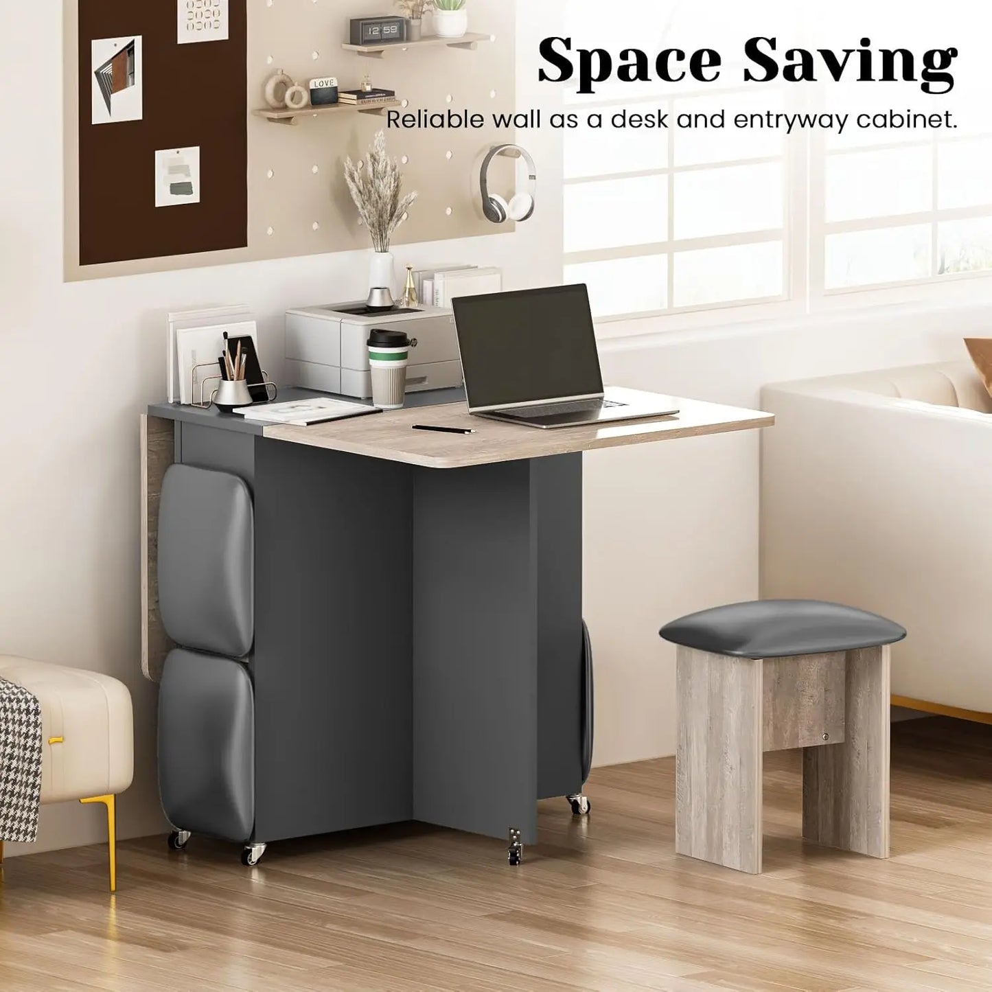 Folding Dining Table Set for 4 with 4 Leather Chairs