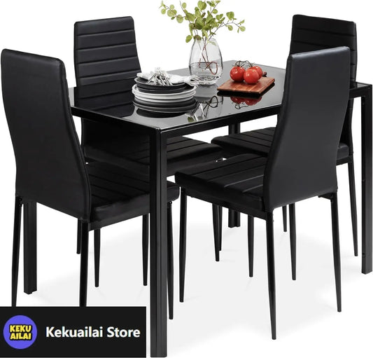 5 Piece Glass Dining Set Modern Kitchen Table Furniture for Dining Room Dinette Compact Space Saving with Upholstered Chairs and Metal Frame