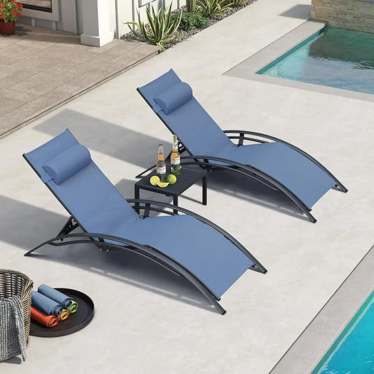 Patio Chaise Lounge Set of 3 Outdoor Lounge Chairs with Arm for Beach Pool Sunbathing Lawn Lounger Recliner All Weather Indigo