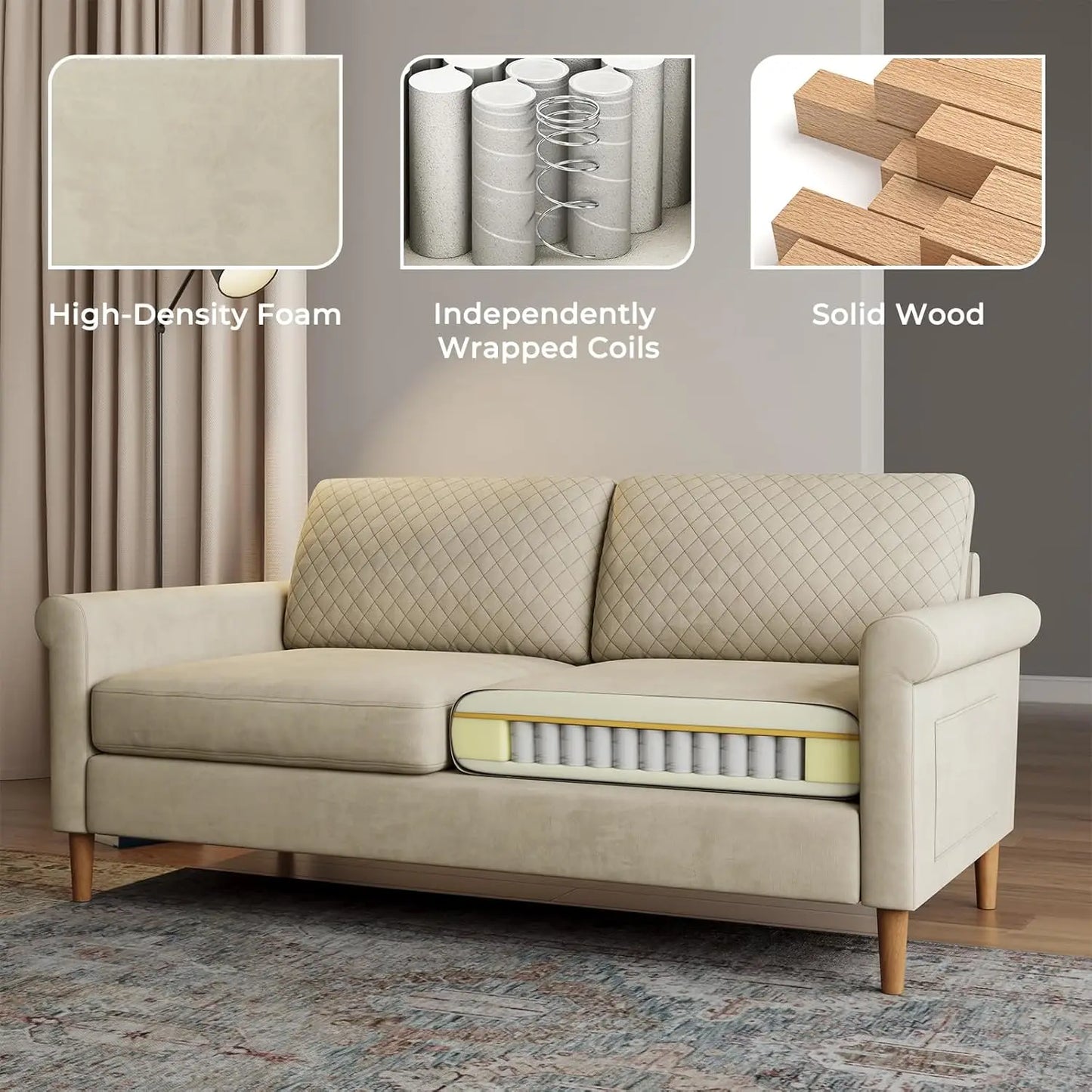 65" Beige Loveseat Sofa, Comfy Small Couch for Living Room