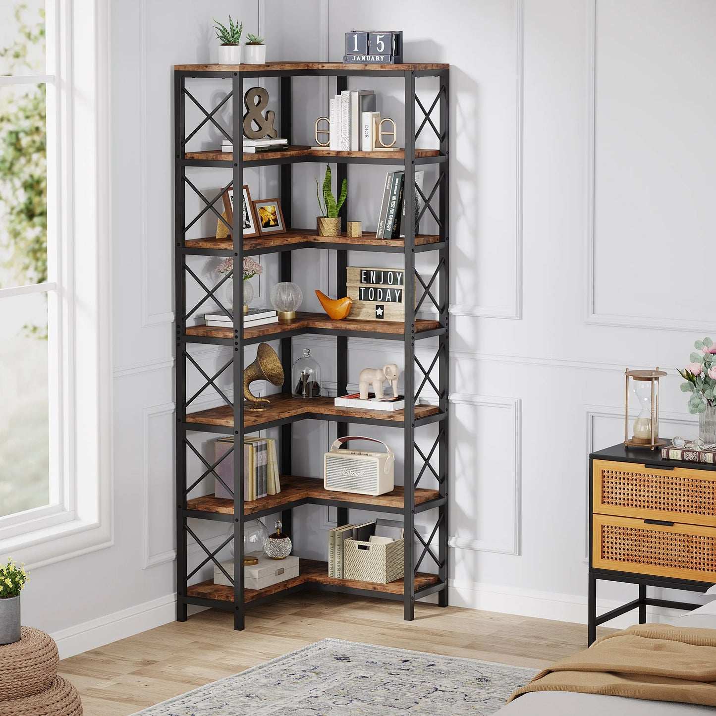 Tribesigns 7-Shelf Corner Bookshelf Modern Tall Bookcase