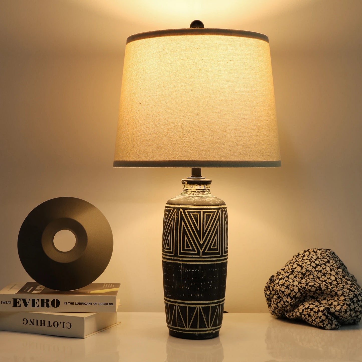STANBOW Geometric Ceramic Table Lamp With Linen Shade