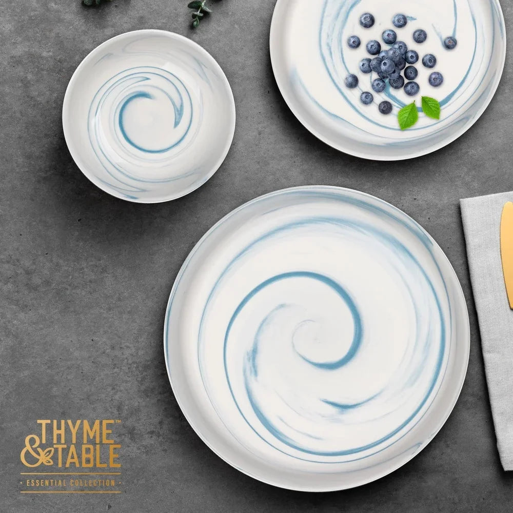 12 Piece Blue Marble Stoneware Dinnerware Set Microwave Safe Dishwasher Safe Kitchen Tableware